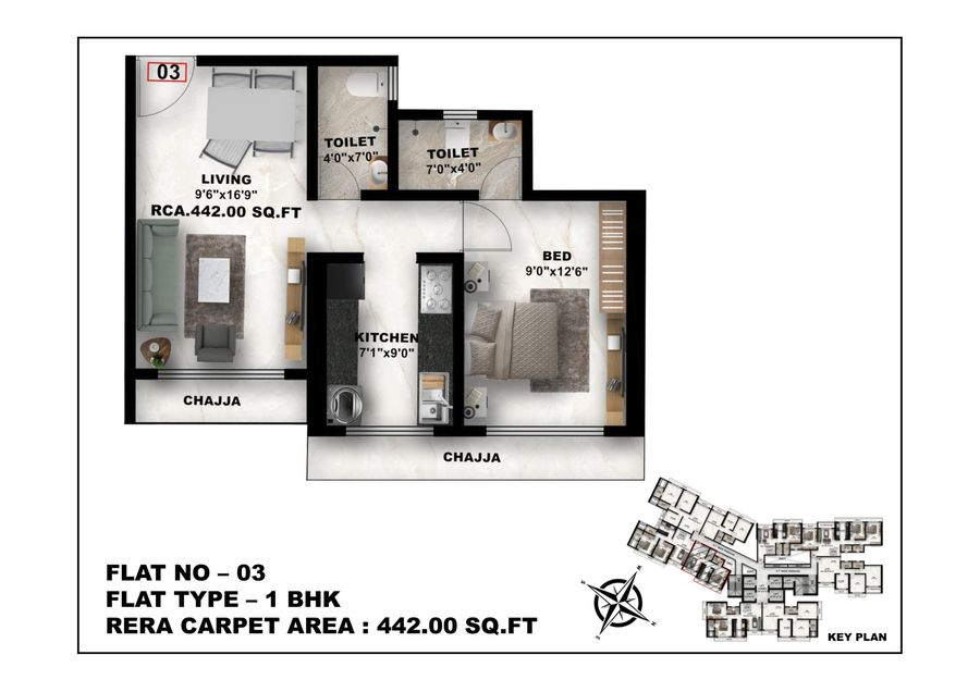 1 BHK Floor Plan - Flat 03 - 442 sq.ft